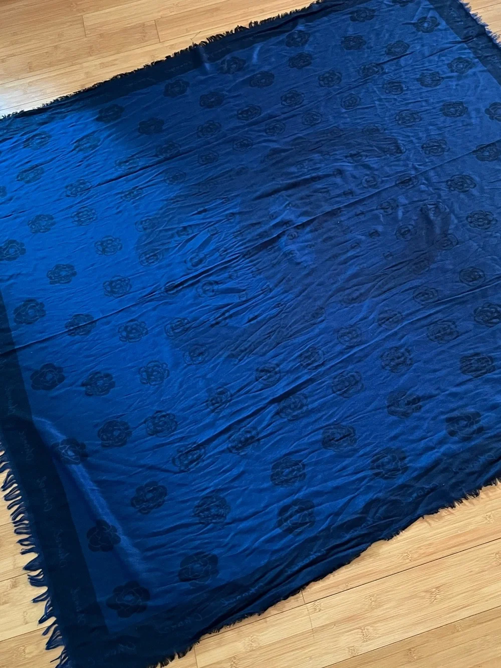 Chanel • Oversized Camellia Silk Wool Logo Scarf / Shawl – Navy Blue Spring 2012